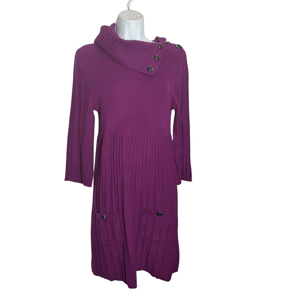 Style &‎ Co. Dress Size Small Purple Knit Dress Cowl Neck Button Accent Pockets